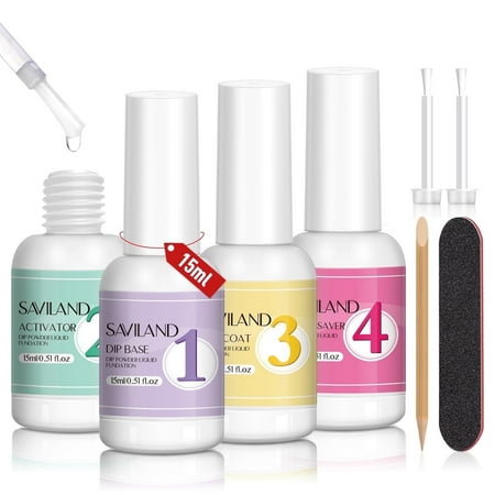 Saviland Dip Powder Liquid Set with Dip Powder Activator, Base and Top Coat, Brush Saver and Nail File