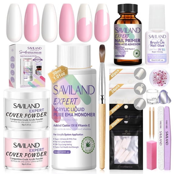 Saviland French Acrylic Nail Kit: Keratin Acrylic Cover Powder with Avrylic Liquid Monomer Castor Oil Vitamin E Nail Primer Nail Glue 84 French Tips Pink Rhinestones Complete Tools