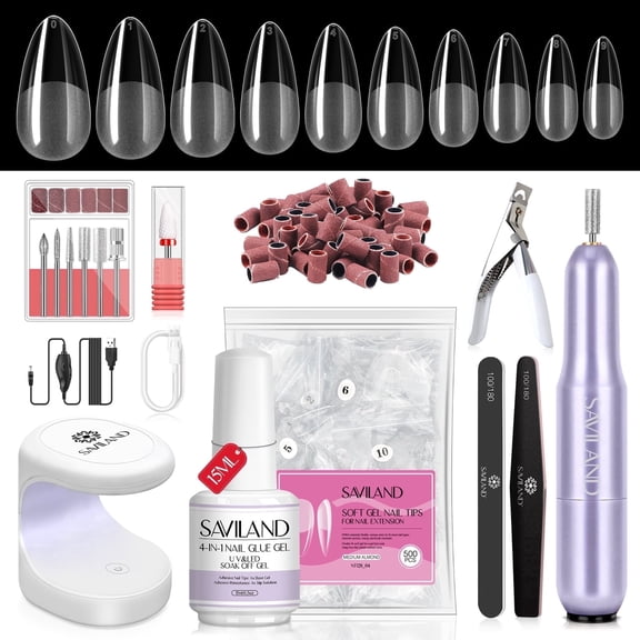 SAVILAND Gel x Nail Kit with Drill – Nails Tips and Glue Gel Kit with 4-in-1 Nail Glue Gel 500PCS Full Cover Short Square Nails Tips Nail Design Kit for Nail Extension Manicure