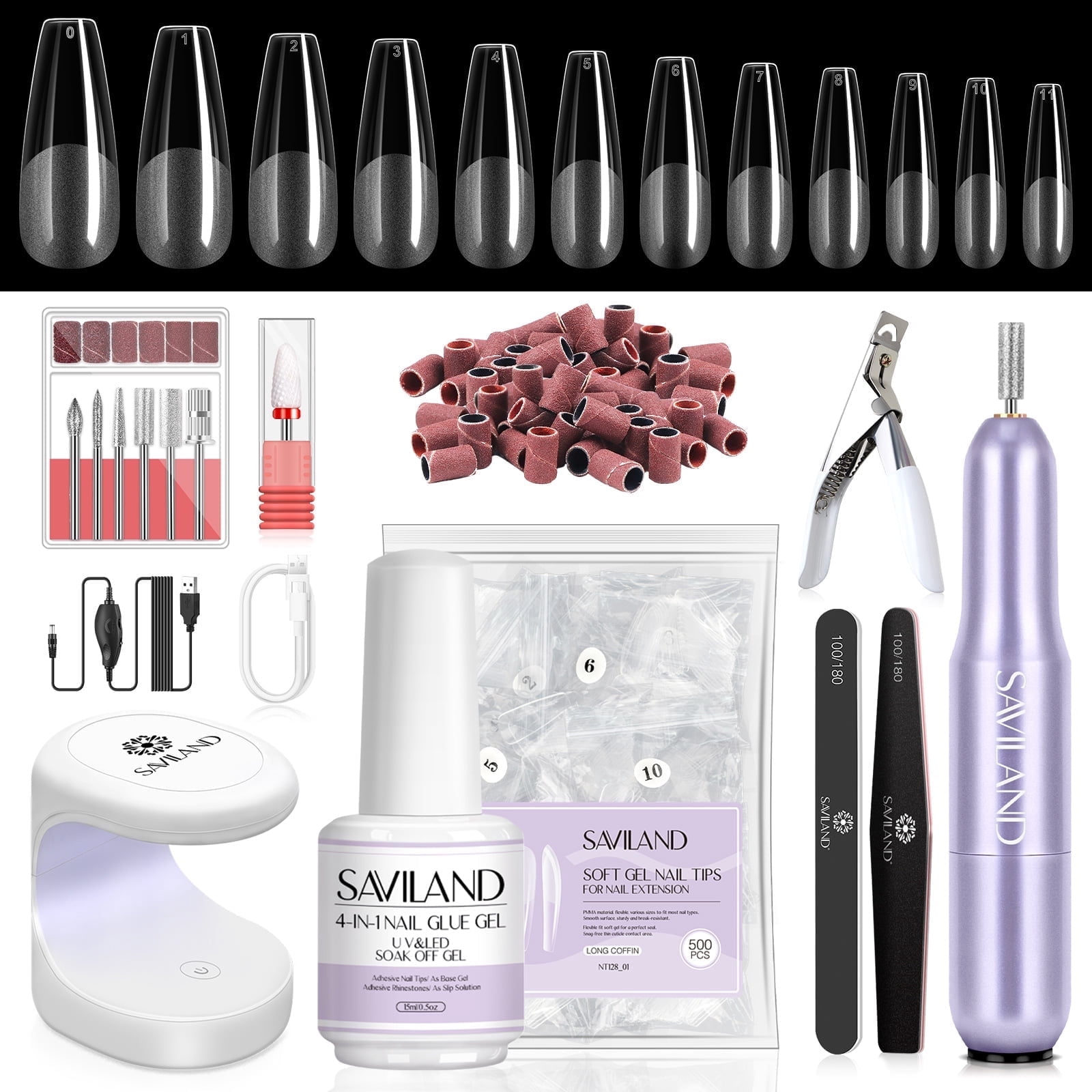 Saviland Gel X Nail Kit with Nail Drill – Nails Tips and Glue Gel Kit with 4-in-1 Nail Glue Gel 500PCS Full Cover Long Coffin Nails Tips U V Light Nail Design Kit for Nail Extension