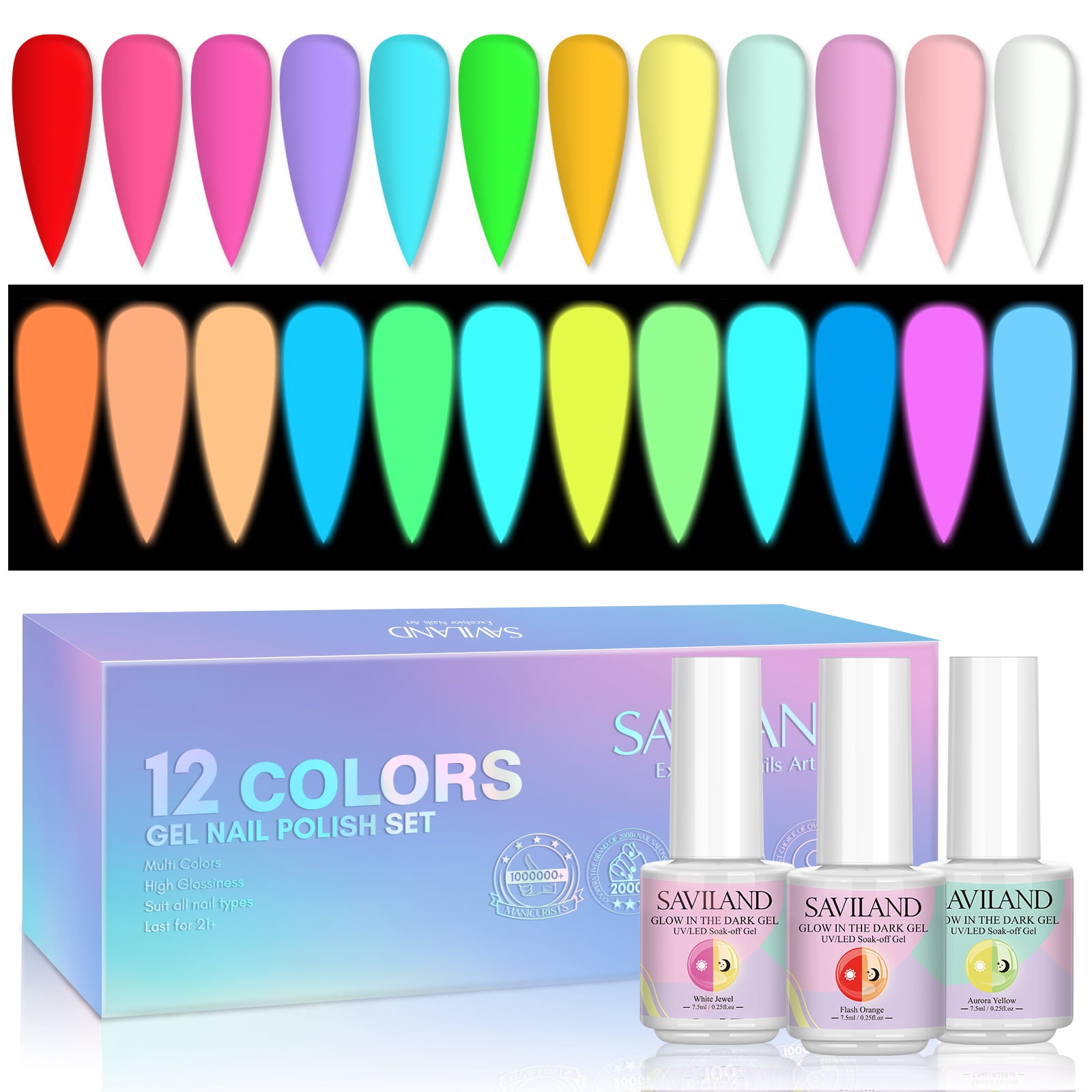 Saviland Glows in The Dark Gel Nail Polish Sets - 12 Colors Luminous U V/LED Soak off Neon Gel Nail Polish Kit Nail Art