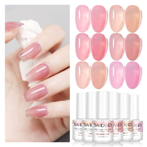 Saviland Jelly Gel Nail Polish Set - 6 Colors Pink Nudes Transparent U V/LED Soak-off Gel Nail Polish Kit Nail Art Need Nail Lamp