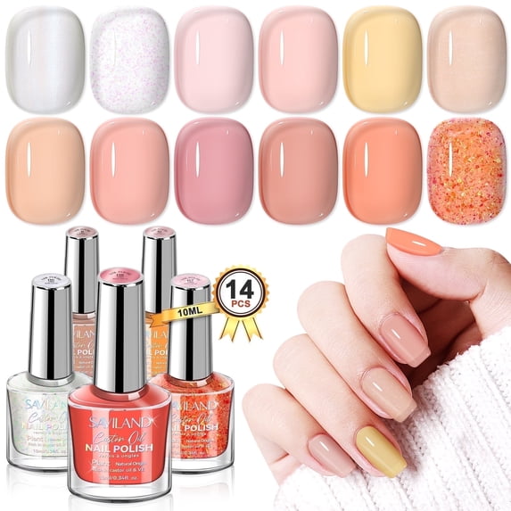 Saviland Jelly Nail Polish Set - 12 Color Translucent Nudes Pink Clear Gel with Base and Top Polish Coat