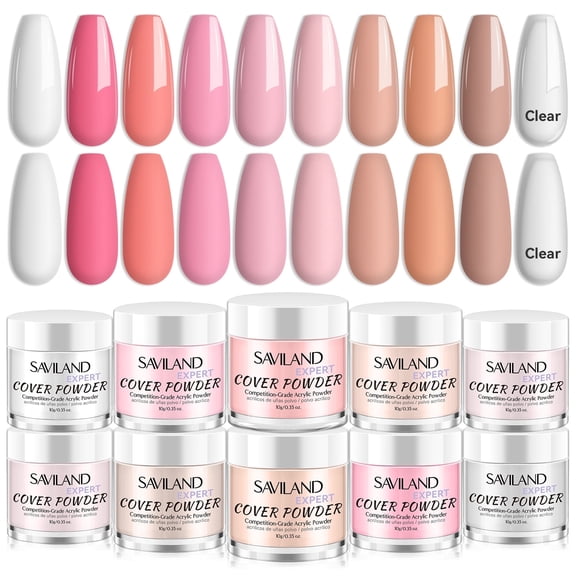 Saviland Keratin Acrylic Powder Set - 10 Nudes Color Acrylic Powder Ultra Fine Powder Nail Extension Nail Carving 3D Nail Art Quick Dry Acrylic Nails Design Professional Nail Salon