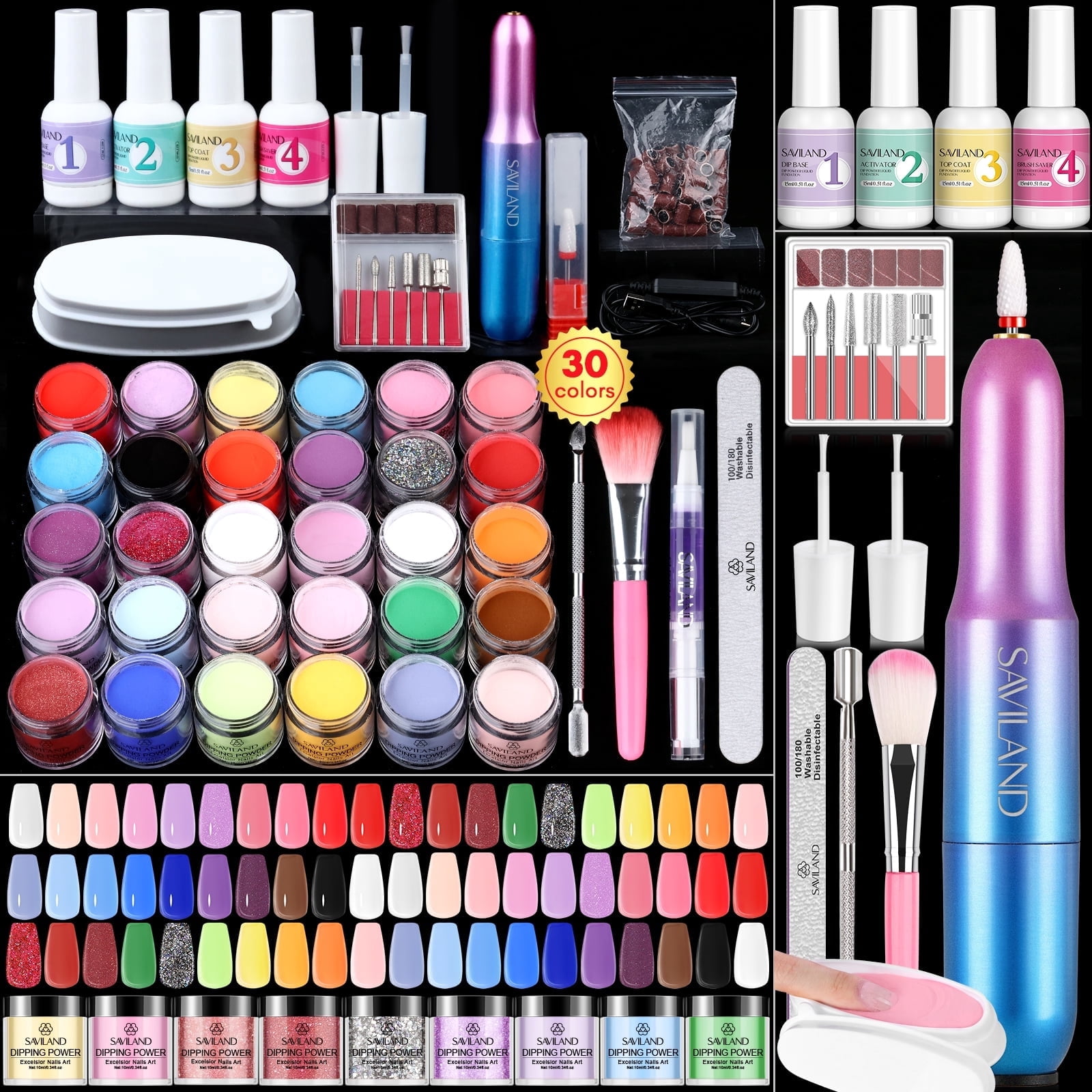 Saviland Keratin Dip Powder Nails Kit with Drill - 30 Colors Dipping Nail Powder Kit with Base and Top Coat Activator Dip Powder Liquids Set, Cuticle Oil and Electric Drill