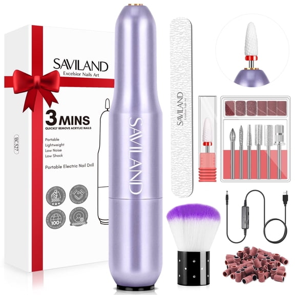 Saviland Nail Drill: Portable Electric Nail Drill 20000 RPM, 7-Piece with Bits, Cuticle Bit & Nail File, Purple