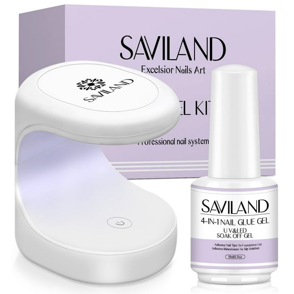 Saviland Nail Glue Gel with Mini Nail Lamp - 15ML 4-In-1 Nail Glue Gel for Acrylic Nail Tip Press on Fake Nails Cleaner