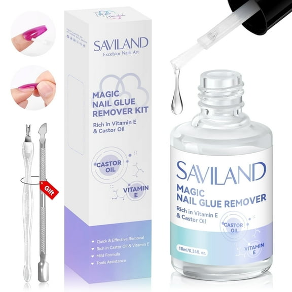 Saviland Nail Glue Remover: Castor Oil Vitamin E Quick Nail Glue Remover for Press On Nails Acrylic Nails Fake Nails Glue On Nails with Cuticle Pusher Nail Fork Easy to Use