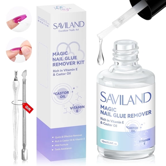 SAVILAND Nail Glue Remover: Castor Oil Vitamin E Quick Nail Glue Remover for Press On Nails Acrylic Nails Fake Nails Glue On Nails with Cuticle Pusher Nail Fork Easy to Use