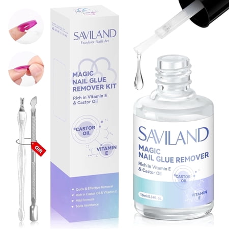 SAVILAND Nail Glue Remover: Castor Oil Vitamin E Quick Nail Glue Remover for Press on Nails with Cuticle Pusher Nail Fork Easy to Use Manicure