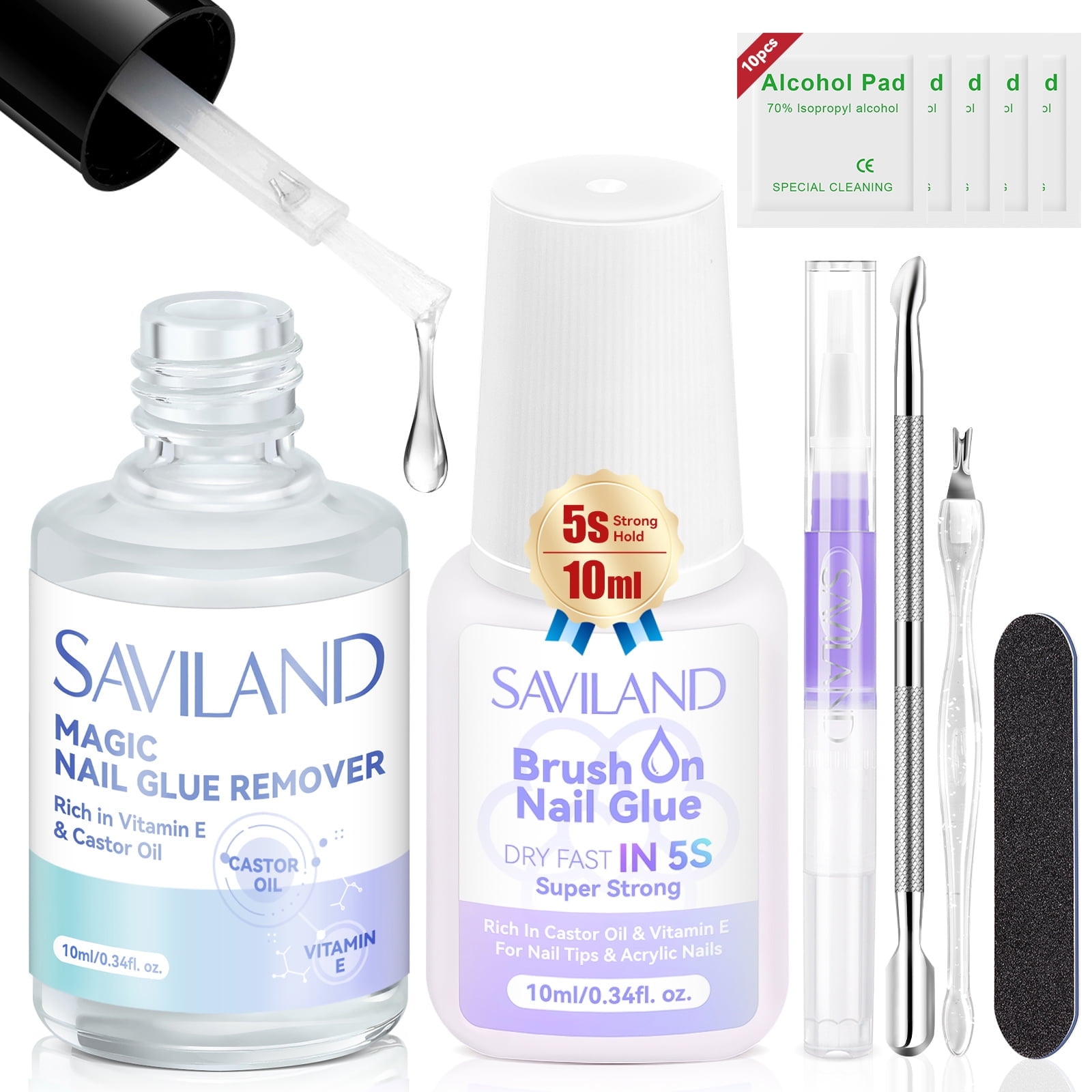 Saviland Nail Glue with Glue Remover Kit Plant Based Quick Dry Nail