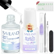 Saviland Nail Glue with Glue Remover Kit: Plant Based Quick Dry Nail Glue Strong Hold False Nails Glue for Press on Fake Nails Tips Castor Oil VE Nail Remover Nail Art Nails Extension