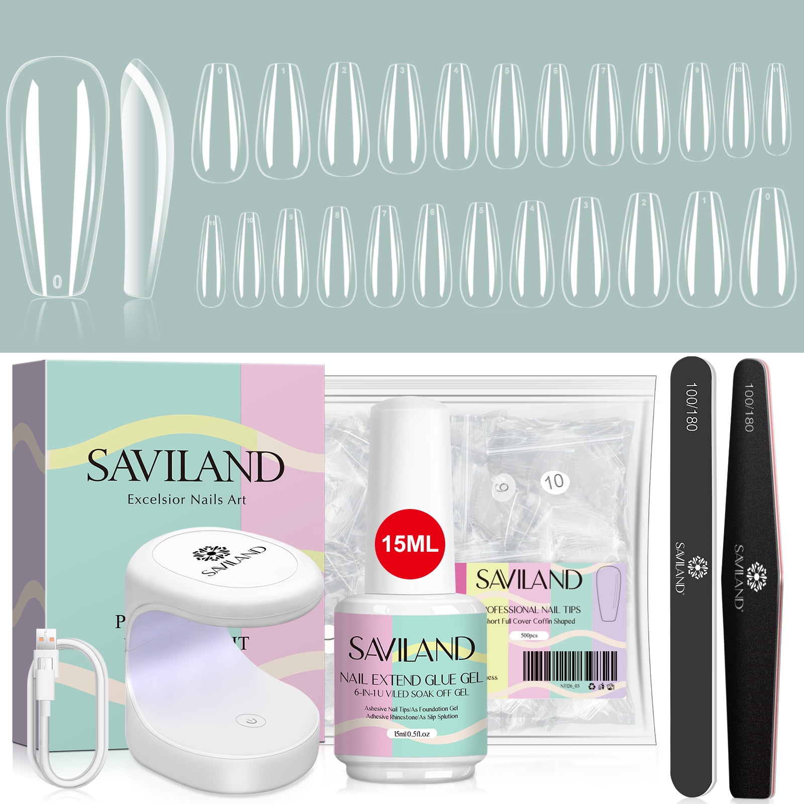 Saviland Nail Tip and Glue Gel Kit Gel Nail Kit with 500pcs Medium
