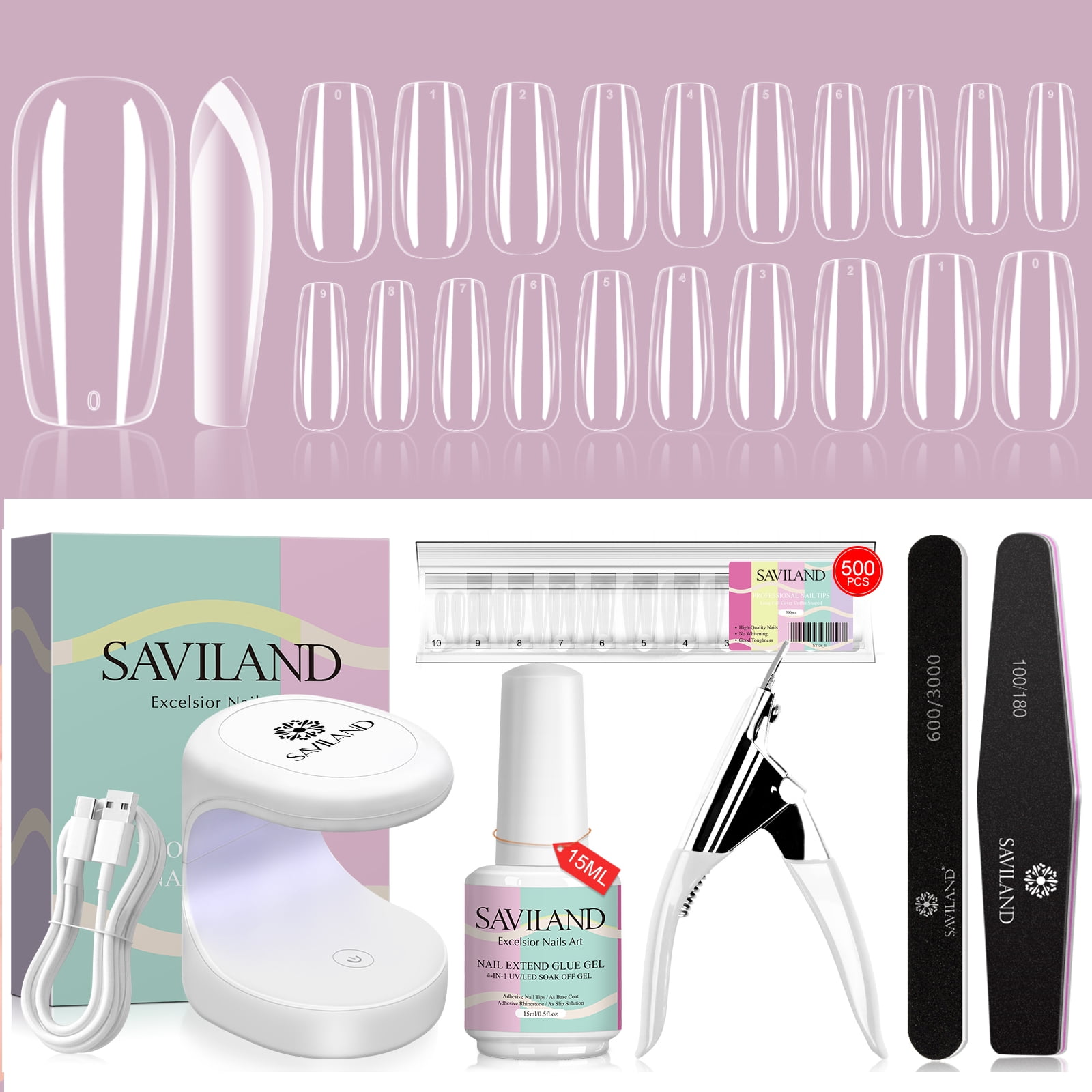 Saviland Nail Tip and Glue Gel Kit Gel Nail Kit with 500pcs Square