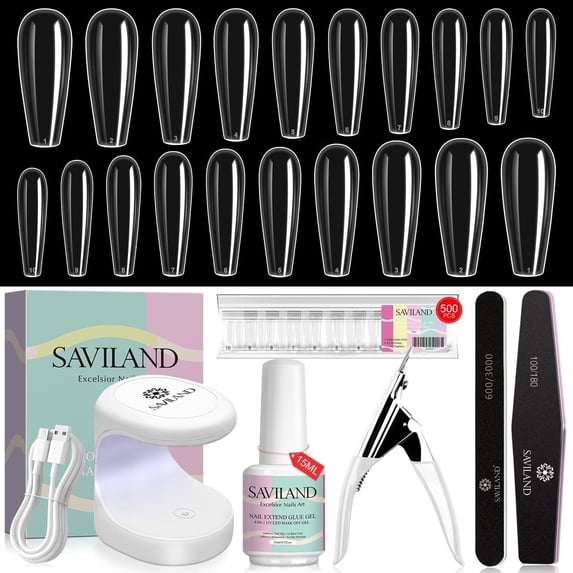 Saviland Nail Tip and Glue Gel Kit - Gel Nail Kit with 500pcs Coffin Nails Tips, Nail Glue Gel, Mini Nail Lamp, Nail Clipper and Nail File for Acrylic Nail Kit