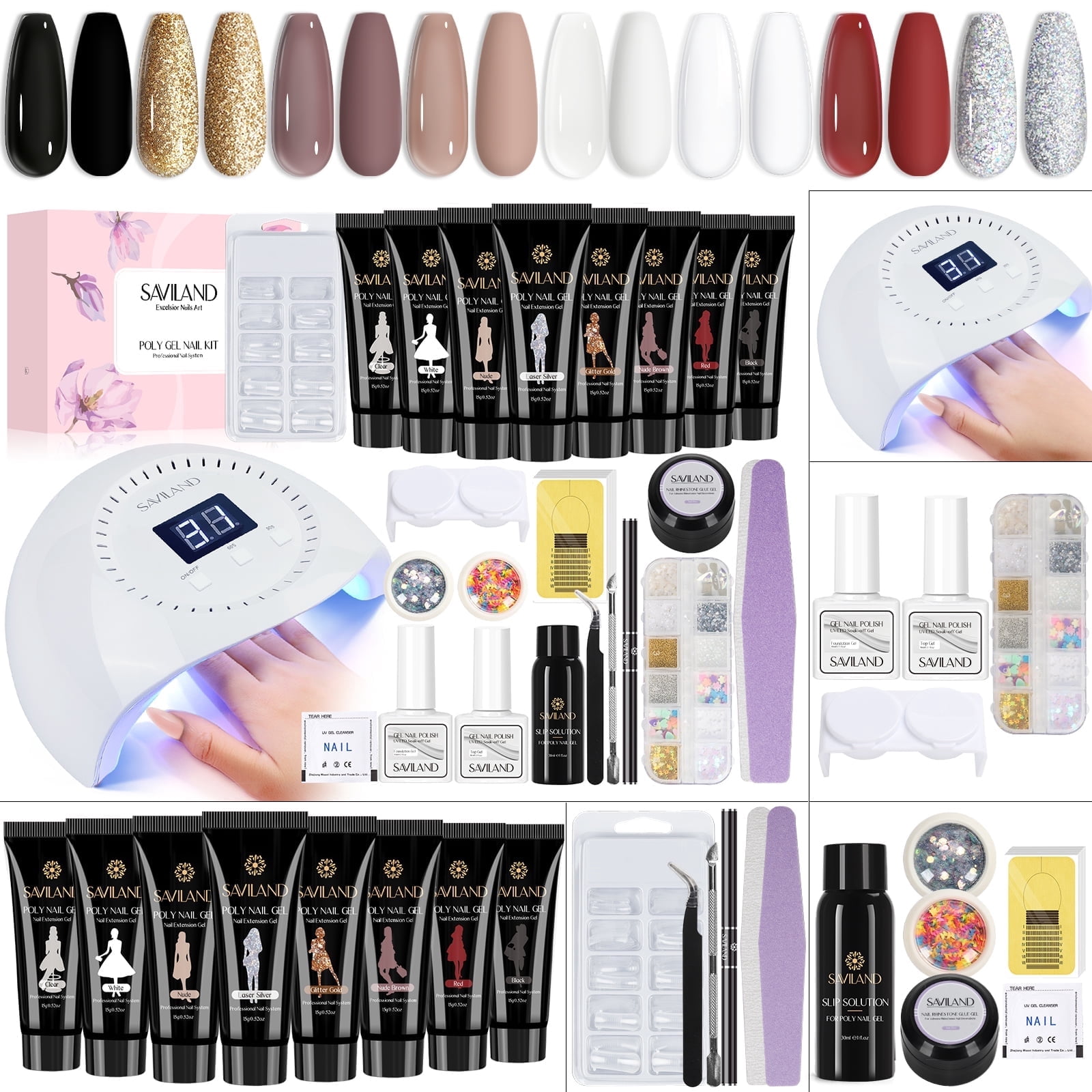 Saviland Poly Gel Nail Kit: 8 Colors Glitter Gel Nail Extensions White Black Silver with 96W UV Nail Lamp, Base & Top Gel and Nail Tools, Complete All in One Manicure Beginner Kit