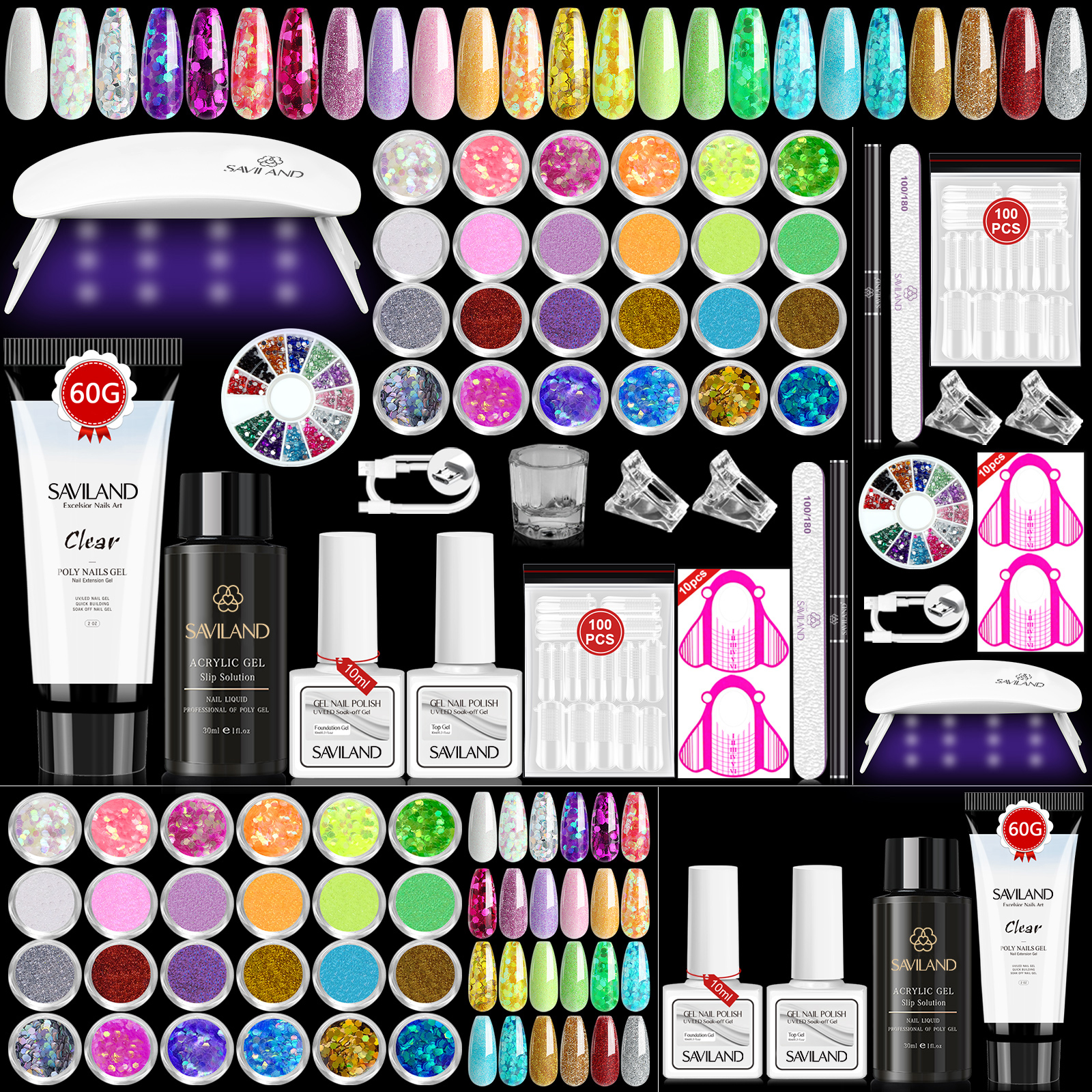 Saviland Poly Gel Nail Kit with Nail Lamp Clear Poly Gel with Slip