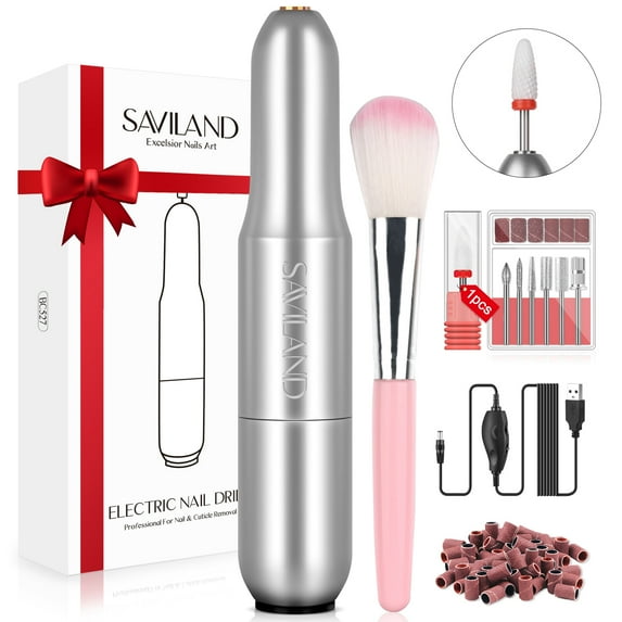 Saviland Portable Electric Nail Drill Machine - 20000 RPM USB Nail File with 7pcs Nail Drill Bits and 51pcs Sanding Bands for Polishing and Removing Nail Manicure Tools