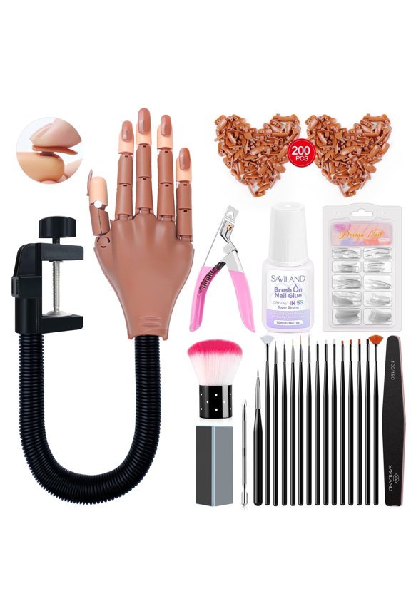 Practice Hand for Acrylic Nails, Flexible Moveable Fake Hands, Manicure Trainng Hand Nail Kit for Beginners, Movable Nail Maniquin Hand with 200PCS Nail Tips, Nail Glues, Brush and Clipper