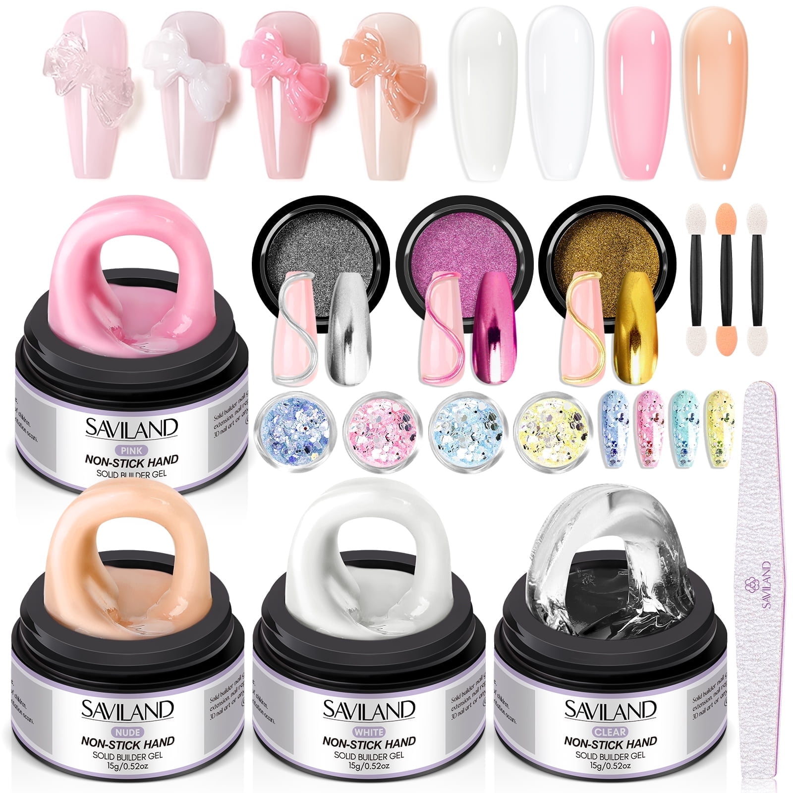 Saviland Solid Builder Nail Gel Kit - 4 Basic Colors Nude Clear White Pink With Chrome Nail Powde And Holographic Mermaid Nail Art Glitter For Nail Extension