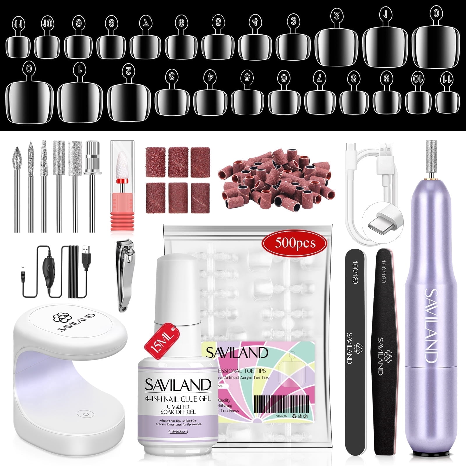 Saviland Toenails Tips and Glue Gel Kit - Gel x Nail Kit 500PCS Gel x Nails Acrylic Nails with Nail Drill Kit Nail Glue Gel Mini Nail Lamp Nail Art Tools Nail Extension