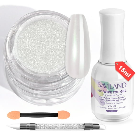 Saviland White Pearl Chrome Nail Powder Kit: 1g Metallic Mirror Effect Pearl Chrome Powder for Nails with No-wipe Top Gel & Nail Art Sculpture Pen for Gel Polish DIY