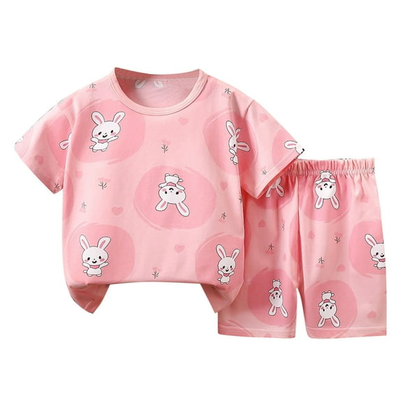 THDHVS Girls Summer Outfits,Casual Short Sets for Kids,Kid's Summer Cotton Print Short Sleeve Round Neck T-shirt+Shorts Two-piece Set