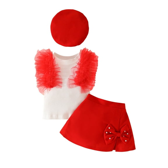 THDHVS Girls Summer Outfits,Casual Short Sets for Kids,Toddler Kids Girls Fashion Cute Solid Color Sleeveless Singlet Top Bowknot Skirt Hat Suit