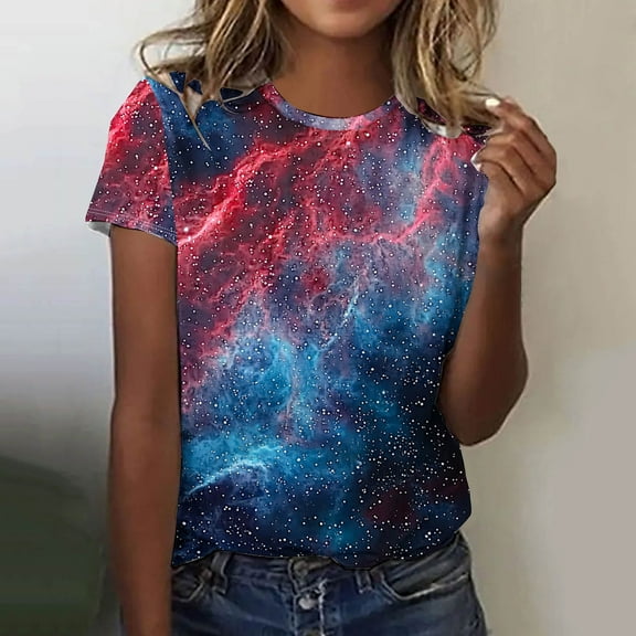 Saving 2025!Xixinqiwan Women's Tops,Women's Summer Pleated Short Sleeve T-Shirt Round Neck Floral Casual Tee Tops Clothes 2025