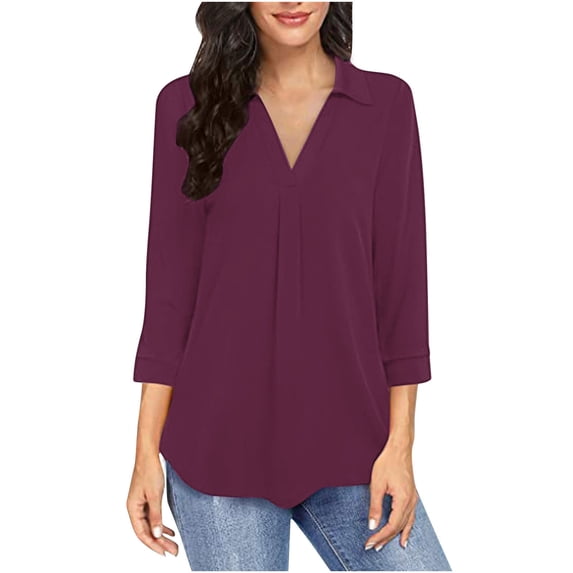 Ahuyic Womens Plus Size Mid-Sleeved Top,Summer Casual Blouse For Women,Fashion Women V-Neck Three Quarter 3/4Sleeve T-Shirt Solid Color Blouse