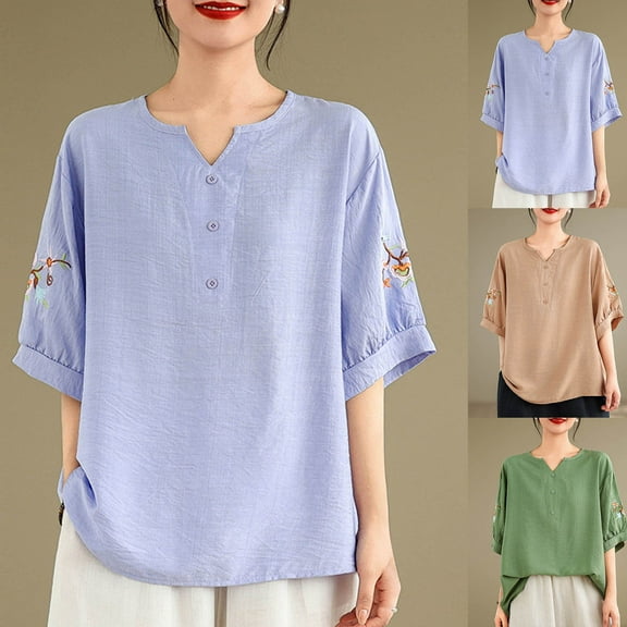 Ahuyic Women's Loose Plus Size Short-Sleeved Top,Summer Casual Daily Clothes For Women,Fashion Women's Casual Solid Color Pleated Short Sleeve V-Neck Blouses Shirts