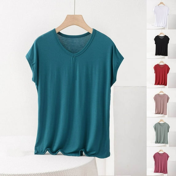 Ahuyic Women's Loose Plus Size Short-Sleeved Top,Summer Casual Daily Clothes For Women,Fashion Women's Summer Casual Solid Color Loose Short Sleeve V-Neck Blouses Shirts