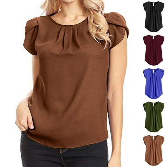 Saving Clearance! Ahuyic Women's Loose Plus Size Short-Sleeved Top,Summer Casual Daily Clothes For Women,Women's Chiffon Solid Color Short Sleeve Round Neck Casual Shirt Short Sleeve Blouse