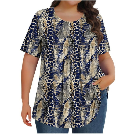 Summer Savings! Ahuyic Womens Plus Size Short-Sleeved Top,Summer Casual Blouse For Women,Women's Crew-Neck Gradient Short-Sleeved Pleated Loose Top And Plus Size Blouse For Women