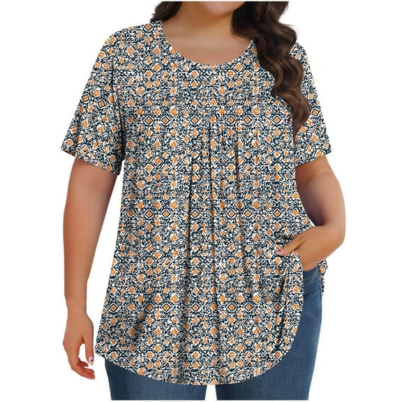 Ahuyic Womens Plus Size Short-Sleeved Top,Summer Casual Blouse For Women,Women's Crew-Neck Gradient Short-Sleeved Pleated Loose Top And Plus Size Blouse For Women