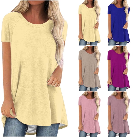 Ahuyic Womens Plus Size Short-Sleeved Top,Summer Casual Blouse For Women,Women's Fashion Summer Round Neck Leisure Short Sleeve Solid Buttons Tops