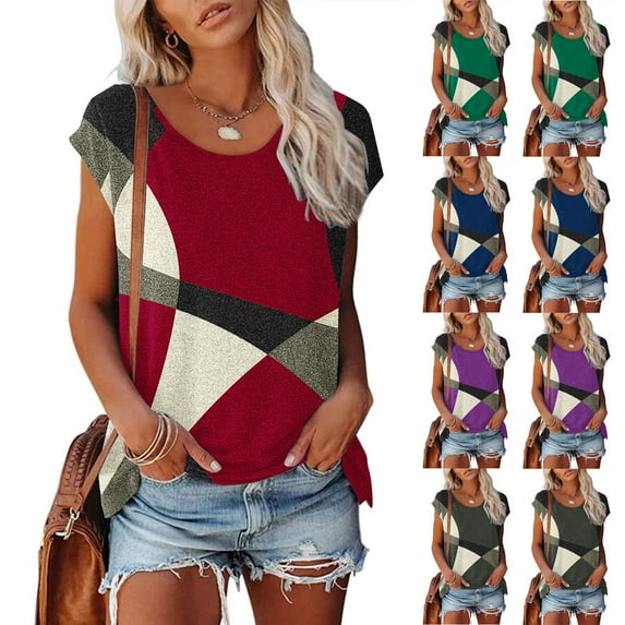 Ahuyic Women's Loose Plus Size Short-Sleeved Top,Summer Casual Daily Clothes For Women,Women's Fashionable Solid Color Patchwork Pleated Sleeves Short Sleeved Round Neck Top/shirt