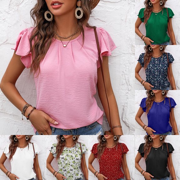 Ahuyic Womens Plus Size Short-Sleeved Top,Summer Casual Blouse For Women,Womens Solid Color Cotton Linen Shirt With Irregular Hem Short-sleeve Patchwork Loose Round Neck Top