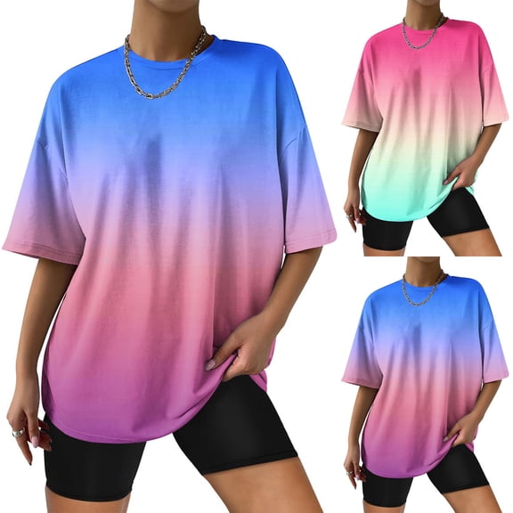 Ahuyic Women's Loose Plus Size Short-Sleeved Top,Summer Casual Daily Clothes For Women,Womens Summer Casual Color Round Neck Short Sleeve Pullover Tops Blouses