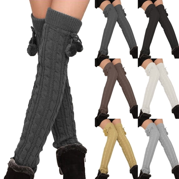Compression Socks for Women Lengthened Knee Length Solid Color Warm Stockings Dough Twists Socks Wool Ball Stockings