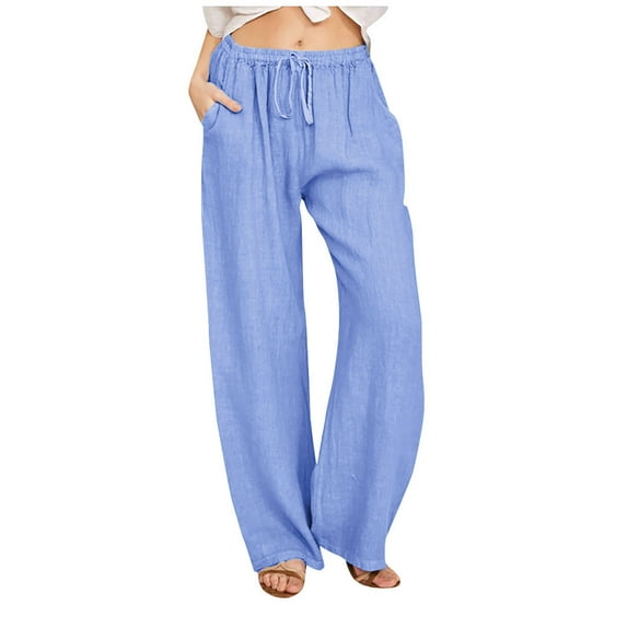 Drawstring Linen Pants Women Casual Summer Linen Pants Trousers Solid Waist Long Pants Light Blue L