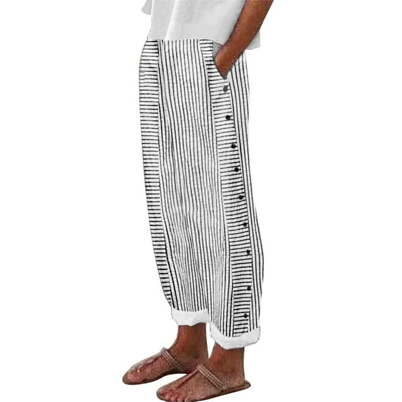 Saving Clearance White Leggings for Women Cotton and Linen Striped Elastic High Waistband Pocket Pants Side Buttons H Shaped Straight Leg Pants Woman Pants Clearance