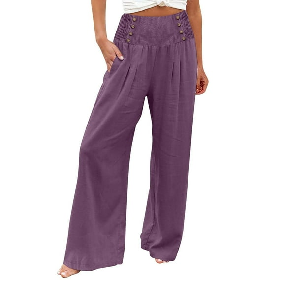 Saving Deals Of The Day Trousers For Womens Loose High Waist Pants Wide Leg Slacks Solid Color Trousers Button Pants Baggy Slacks Straight Leg Trousers Pockets Pants Slim Fit Stretch Slacks