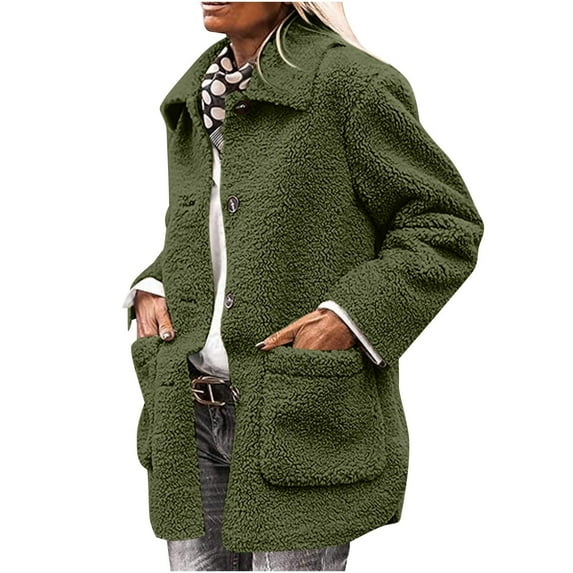 Saving&Deals Womens Fleece Jacket Winter Faux Coats Long Sleeve Lapel Pockets Fleece Jacket Casual Trendy Outerwear 2XL