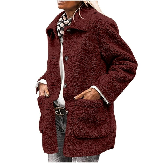 Saving&Deals Womens Fleece Jacket Winter Faux Coats Long Sleeve Lapel Pockets Fleece Jacket Casual Trendy Outerwear M