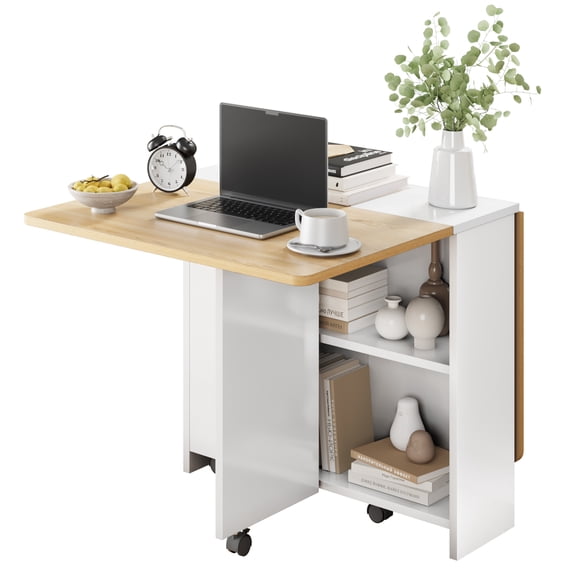 Saving Folding Dining Table with 2Storage-ExtendableLeaf Farmhouse WoodDiningTablesfor 4, Collapsible Expandable Rectangle DinnerOffice