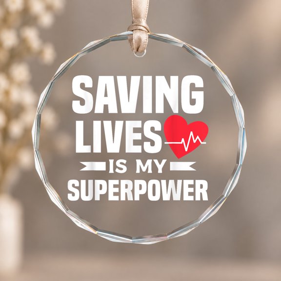 Saving Lives Is My Superpower Emergency Room ER Nurse Theme Ornament, Room Decoration, Circle Glass Ornament