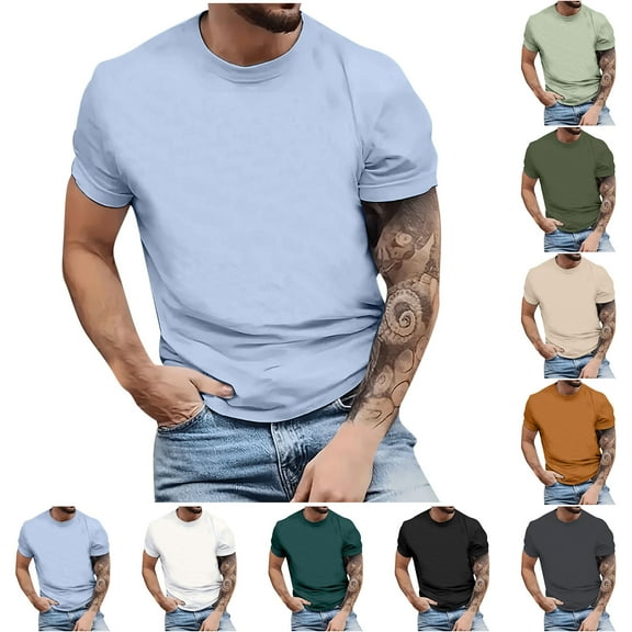 Saving Sales BiZtdJrK Shirts for Men Short Sleeve Tees Casual Crew Neck Regular-Fit T-Shirt Solid Athletic Summer Tops Holiday Outfits Army Green L
