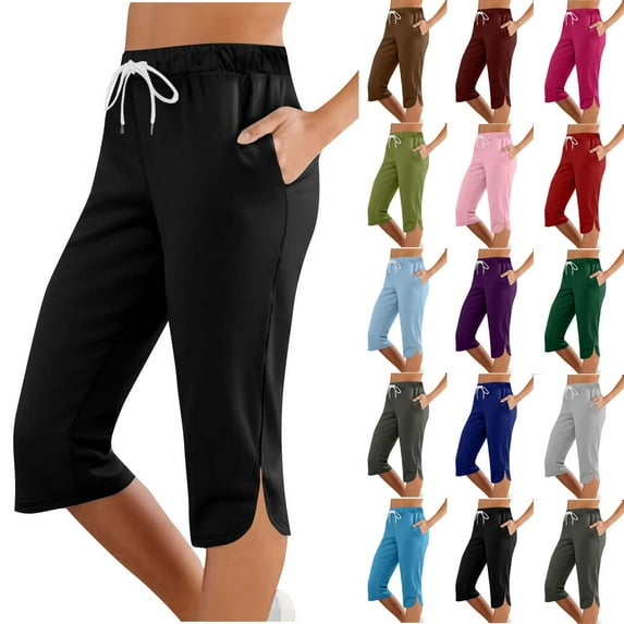 Saving Sales QATAINLAV Women's Drawstring Yoga Capris Pant Casual Summer Split Athletic Workout Cropped Pants Solid Color Lounge Capri Pants with Pockets Black M