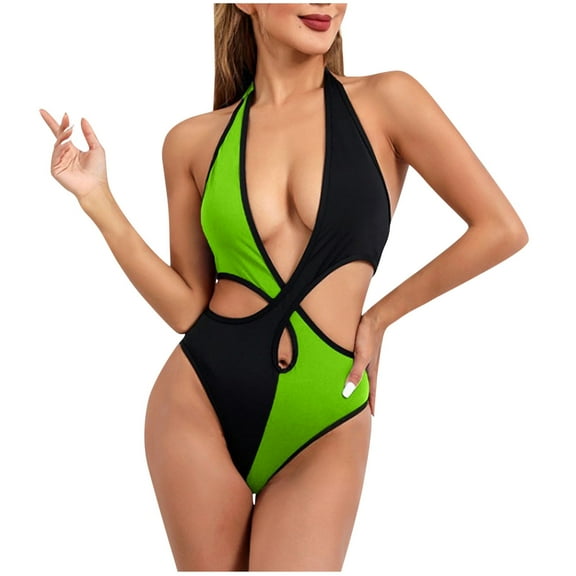 Saving UTSJKR One Piece Swimsuit Women Cheeky Crissover Halter High Cut Colorblock Bathing Suit Sexy Retro Thong Monokinis Swimwear Green 12-14